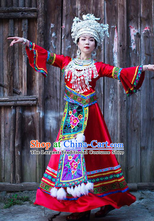 Chinese Dong Nationality Wedding Dress Clothing Ethnic Bride Stage Performance Red Outfits and Hat
