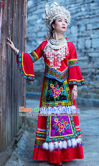 Chinese Dong Nationality Wedding Dress Clothing Ethnic Bride Stage Performance Red Outfits and Hat