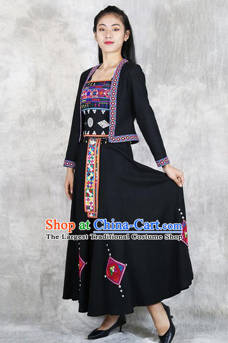 Chinese Hani Minority Informal Clothing Yunnan Ethnic Costume Nationality Woman Black Dress Outfits