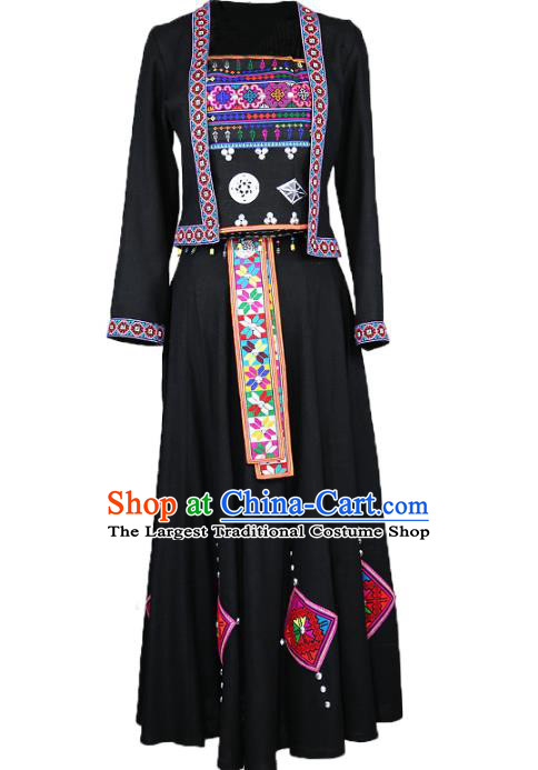 Chinese Hani Minority Informal Clothing Yunnan Ethnic Costume Nationality Woman Black Dress Outfits