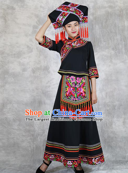 Chinese Nationality Woman Black Dress Outfits Ethnic Folk Dance Costume Zhuang Minority Informal Clothing and Hat