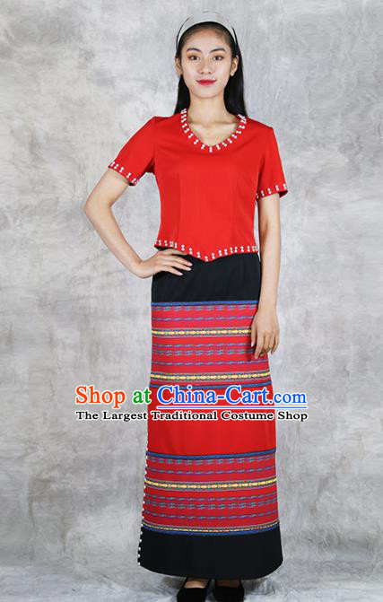 Chinese Yunnan Nationality Woman Red Dress Outfits Ethnic Folk Dance Costume Wa Minority Informal Clothing