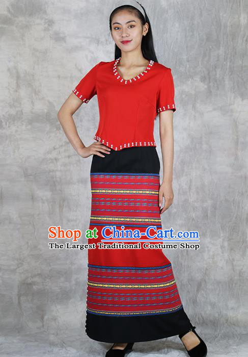 Chinese Yunnan Nationality Woman Red Dress Outfits Ethnic Folk Dance Costume Wa Minority Informal Clothing