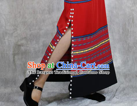 Chinese Yunnan Nationality Woman Red Dress Outfits Ethnic Folk Dance Costume Wa Minority Informal Clothing