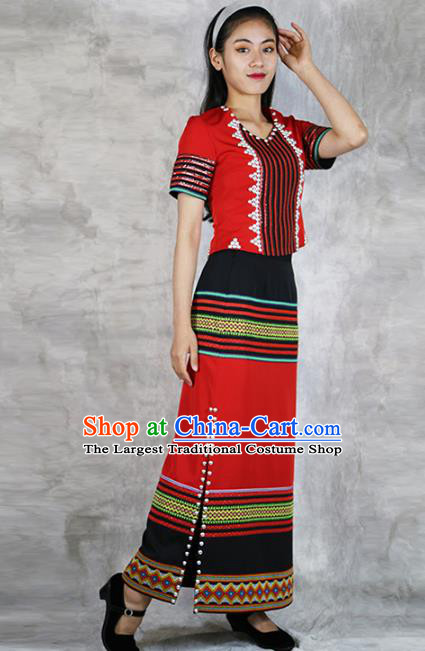 Chinese Wa Minority Informal Clothing Yunnan Nationality Woman Red Dress Outfits Ethnic Folk Dance Costume