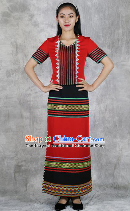 Chinese Wa Minority Informal Clothing Yunnan Nationality Woman Red Dress Outfits Ethnic Folk Dance Costume