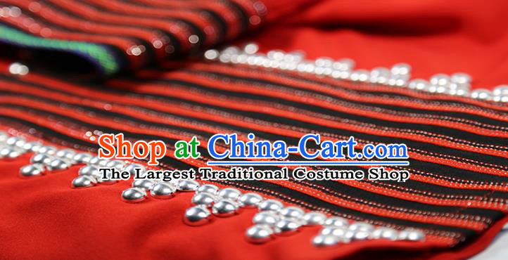 Chinese Wa Minority Informal Clothing Yunnan Nationality Woman Red Dress Outfits Ethnic Folk Dance Costume