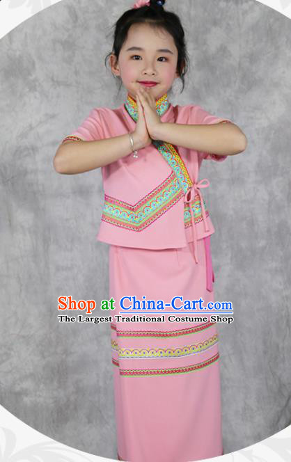 China Dai Nationality Costumes Yunnan Province Ethnic Minority Children Pink Outfits