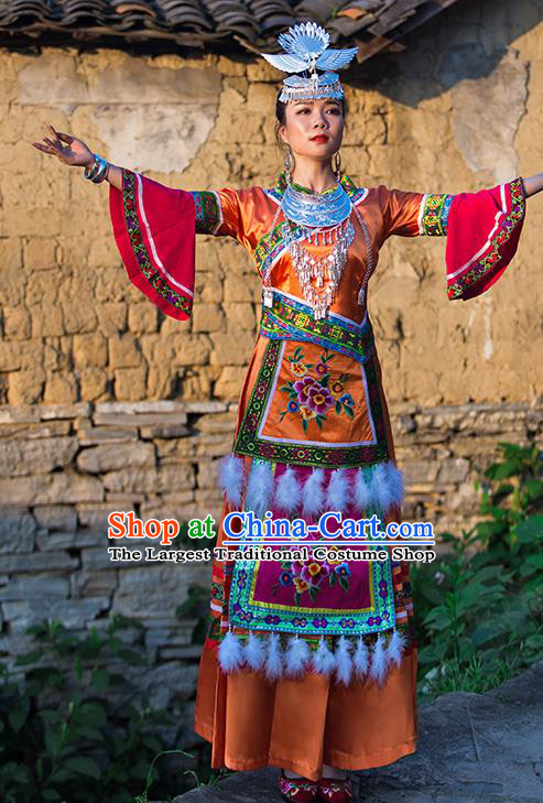 Chinese Dong Nationality Folk Dance Dress Clothing Ethnic Stage Performance Orange Outfits and Hair Accessories