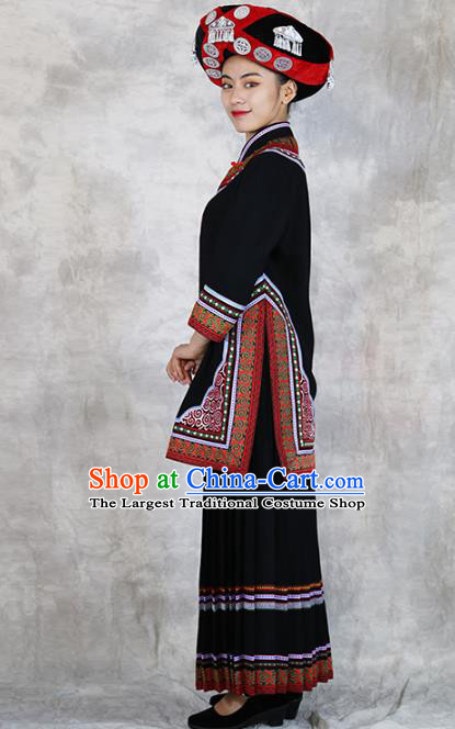 Chinese Ethnic Woman Costume Yi Minority Stage Performance Clothing Yunnan Nationality Folk Dance Black Dress Outfits and Hat