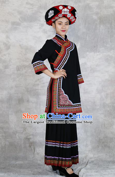 Chinese Ethnic Woman Costume Yi Minority Stage Performance Clothing Yunnan Nationality Folk Dance Black Dress Outfits and Hat