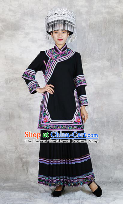 Chinese Nationality Folk Dance Black Dress Outfits Yunnan Ethnic Woman Costume Yi Minority Stage Performance Clothing and Headwear