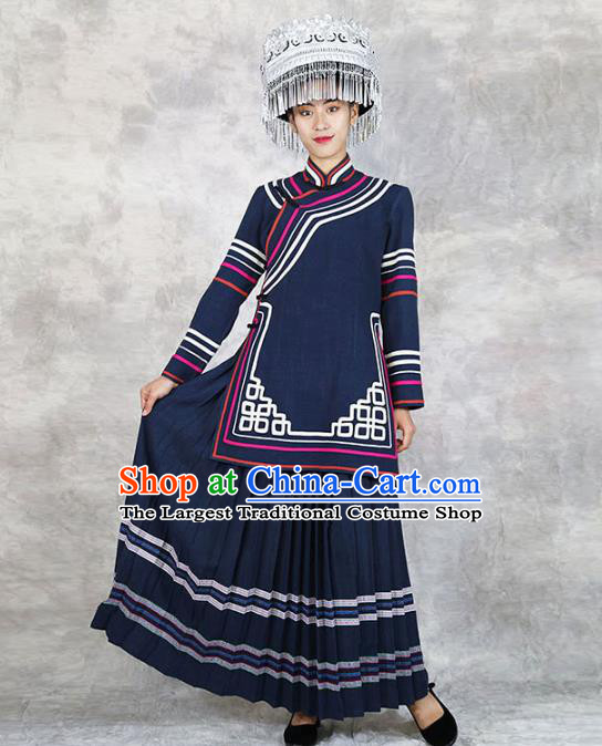 Chinese Yi Nationality Folk Dance Navy Dress Outfits Yunnan Ethnic Woman Costume Minority Stage Show Clothing and Hat