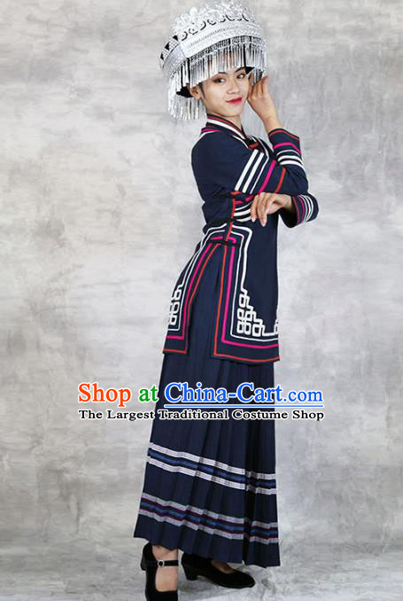 Chinese Yi Nationality Folk Dance Navy Dress Outfits Yunnan Ethnic Woman Costume Minority Stage Show Clothing and Hat