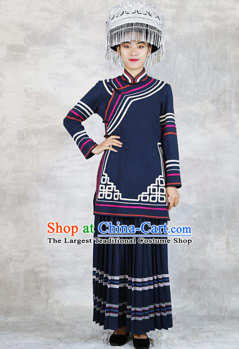 Chinese Yi Nationality Folk Dance Navy Dress Outfits Yunnan Ethnic Woman Costume Minority Stage Show Clothing and Hat