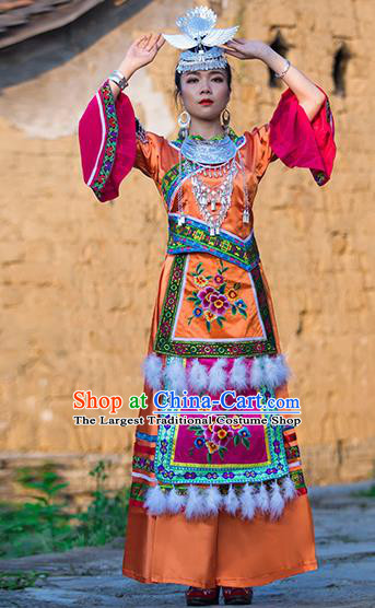 Chinese Dong Nationality Folk Dance Dress Clothing Ethnic Stage Performance Orange Outfits and Hair Accessories