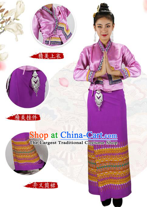 Chinese Yunnan Ethnic Woman Informal Costume Yunnan Minority Clothing Dai Nationality Purple Dress Outfits