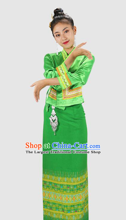 Chinese Dai Nationality Dance Green Dress Outfits Yunnan Ethnic Woman Informal Costume Yunnan Minority Clothing