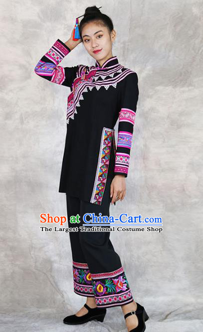 Chinese Lahu Minority Black Outfits Clothing Yunnan Ethnic Woman Informal Costume Nationality Folk Dance Dress