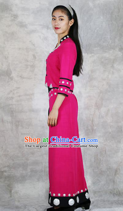 Chinese Yunnan Nationality Woman Dress Wa Minority Rosy Outfits Clothing Ethnic Stage Show Costume