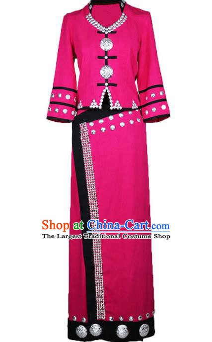 Chinese Yunnan Nationality Woman Dress Wa Minority Rosy Outfits Clothing Ethnic Stage Show Costume