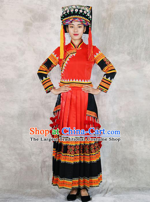 Chinese Minority Folk Dance Red Outfits Clothing Ethnic Bride Costume Yi Nationality Wedding Dress and Headwear