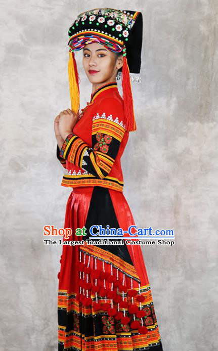 Chinese Minority Folk Dance Red Outfits Clothing Ethnic Bride Costume Yi Nationality Wedding Dress and Headwear