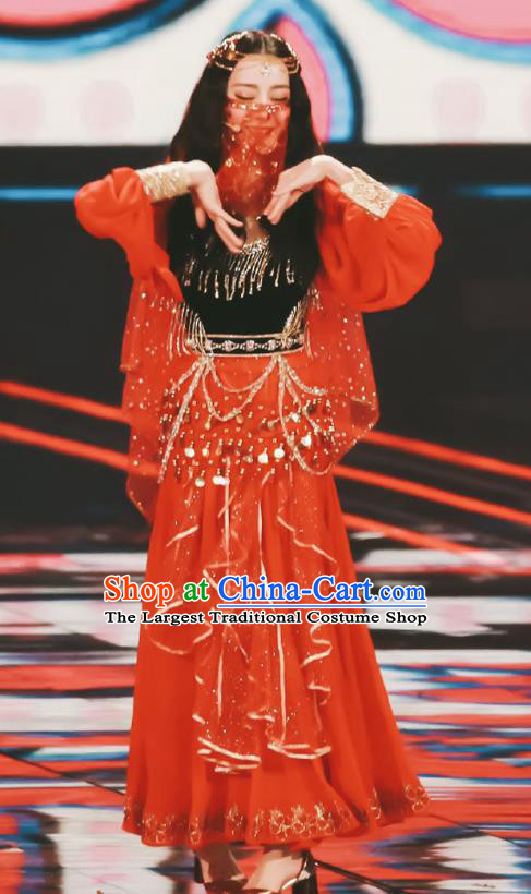 Chinese Xinjiang Ethnic Nationality Woman Dress Costume Uyghur Minority Folk Dance Red Outfits Clothing