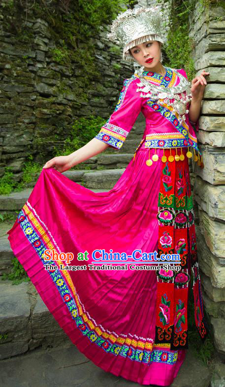 Chinese Tujia Ethnic Stage Performance Rosy Outfits Dong Nationality Wedding Dress Clothing and Headdress