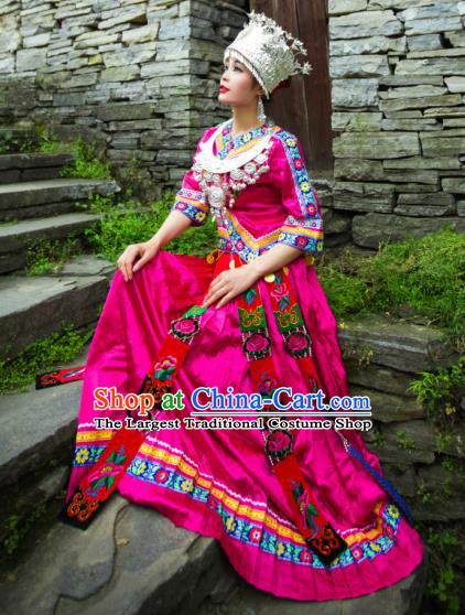 Chinese Tujia Ethnic Stage Performance Rosy Outfits Dong Nationality Wedding Dress Clothing and Headdress