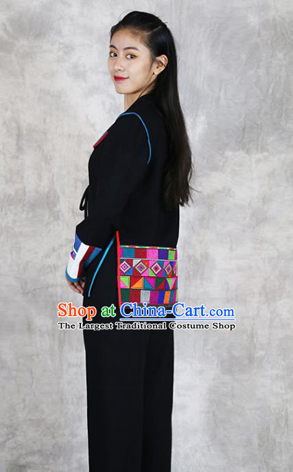 Chinese Hani Minority Woman Dress Clothing Yunnan Ethnic Informal Costume Nationality Black Flax Outfits