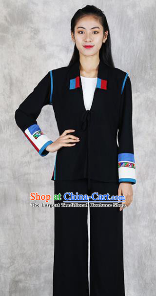 Chinese Hani Minority Woman Dress Clothing Yunnan Ethnic Informal Costume Nationality Black Flax Outfits