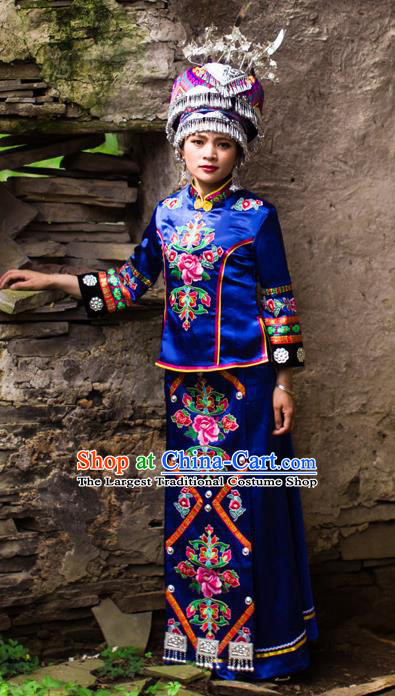 Chinese Ethnic Wedding Bride Royalblue Outfits Tujia Nationality Stage Show Dress Clothing and Hat