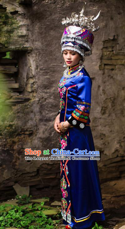 Chinese Ethnic Wedding Bride Royalblue Outfits Tujia Nationality Stage Show Dress Clothing and Hat