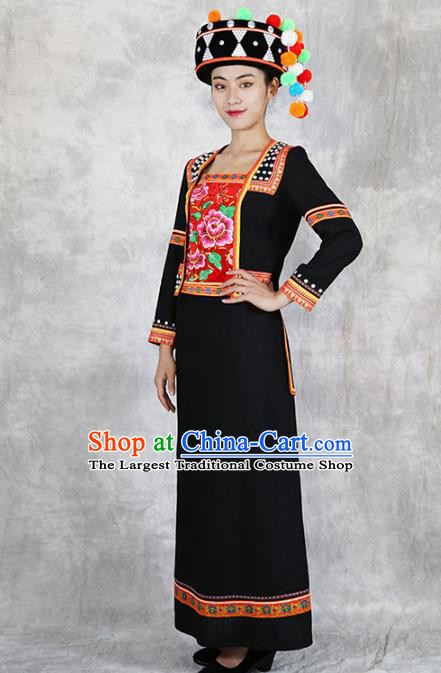 Chinese Yunnan Ethnic Costume Nationality Woman Black Dress Outfits Hani Minority Informal Clothing and Hat