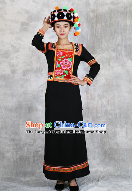 Chinese Yunnan Ethnic Costume Nationality Woman Black Dress Outfits Hani Minority Informal Clothing and Hat