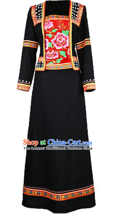 Chinese Yunnan Ethnic Costume Nationality Woman Black Dress Outfits Hani Minority Informal Clothing and Hat