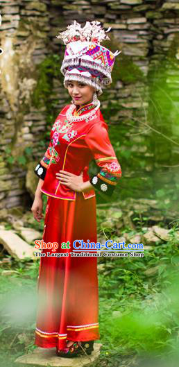 Chinese Ethnic Bride Red Outfits Tujia Nationality Wedding Dress Clothing and Headdress