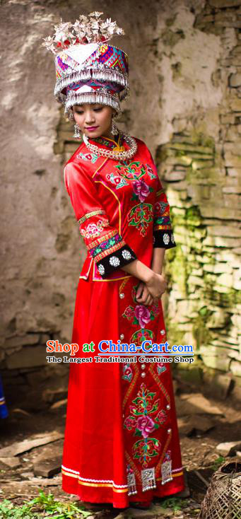Chinese Ethnic Bride Red Outfits Tujia Nationality Wedding Dress Clothing and Headdress