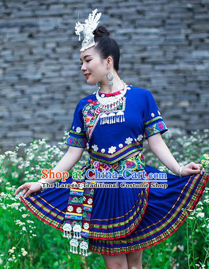 Chinese Ethnic Folk Dance Blue Outfits Dong Nationality Young Lady Dress Clothing and Hair Jewelry