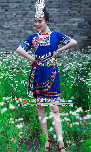 Chinese Ethnic Folk Dance Blue Outfits Dong Nationality Young Lady Dress Clothing and Hair Jewelry