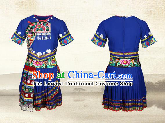 Chinese Ethnic Folk Dance Blue Outfits Dong Nationality Young Lady Dress Clothing and Hair Jewelry