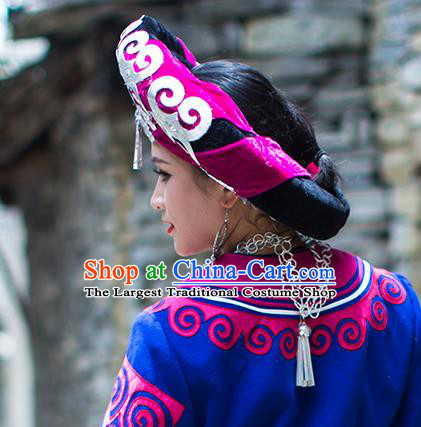 China Liangshan Ethnic Minority Bride Rosy Headwear Traditional Yi Nationality Bride Silver Tassel Hat
