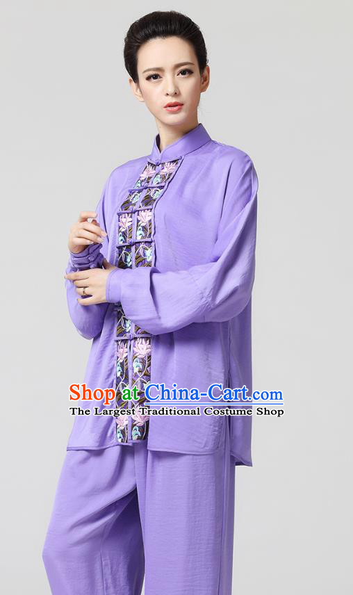 China Female Tai Chi Competition Uniforms Traditional Martial Arts Violet Flax Clothing