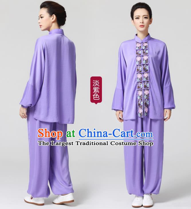 China Female Tai Chi Competition Uniforms Traditional Martial Arts Violet Flax Clothing