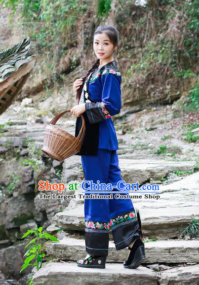 Chinese Xiangxi Hmong Ethnic Folk Dance Blue Outfits Miao Nationality Informal Clothing