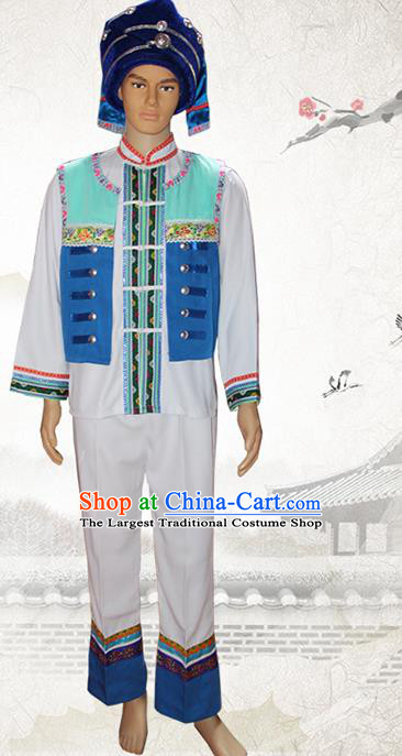 China Bouyei Nationality Folk Dance Costumes Guizhou Puyi Ethnic Minority Male Clothing and Hat
