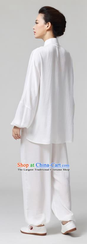 China Traditional Martial Arts White Flax Clothing Female Tai Chi Competition Embroidered Uniforms