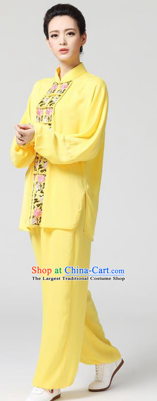 China Traditional Martial Arts Embroidered Clothing Tai Chi Chuan Competition Yellow Flax Uniforms