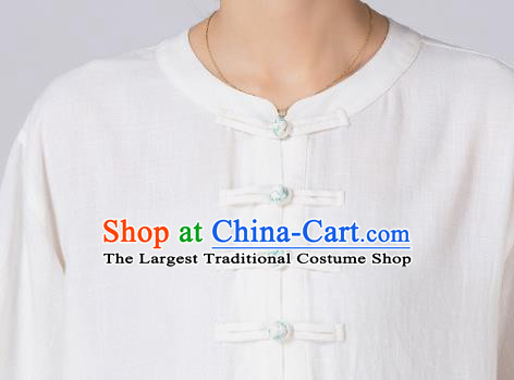 China Tai Chi Ink Painting Lotus Uniforms Traditional Martial Arts White Flax Clothing